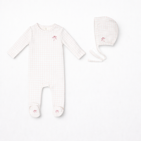 Checkered Footie Set - Rose Berry Bow