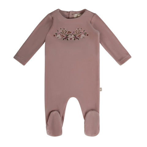 Embroidered Garden Footie Rose Clay