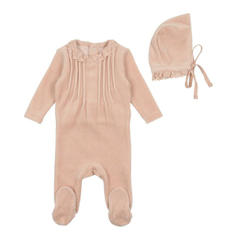 Bee & Dee Eyelet Collar Velour Footie With Bonnet Rose