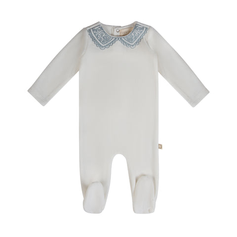 Lace Collar Embroidery Footie White/Blue