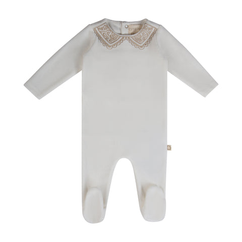 Lace Collar Embroidery Footie White/Oat