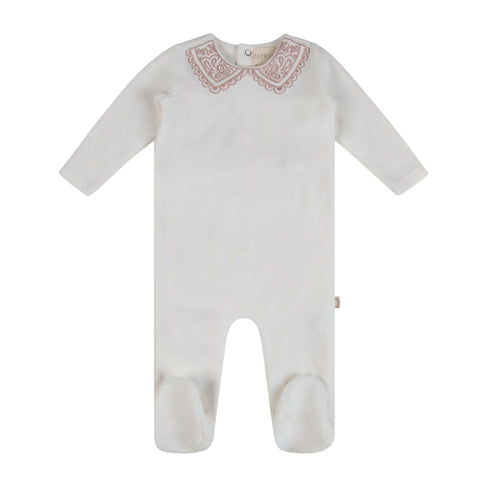 Lace Collar Embroidery Footie White/Pink