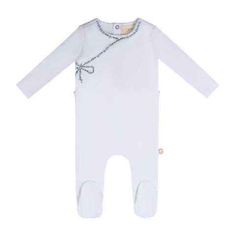 Mock Wrap Embroidery Footie White/Light Blue