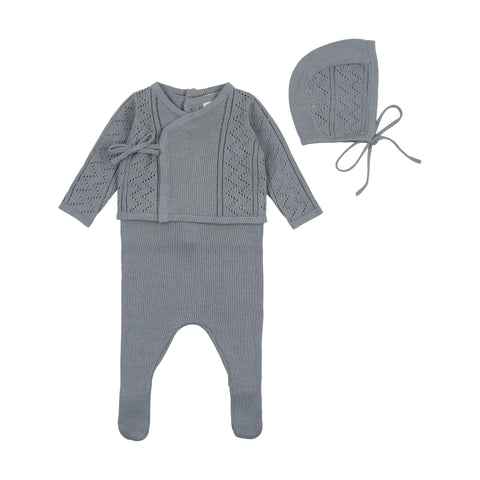 Pointelle Wrap Romper Antique Blue Footie