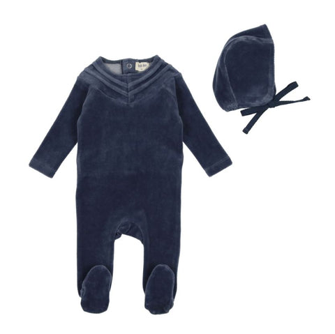 Bee & Dee Velour Pleat Footie With Bonnet Storm Blue