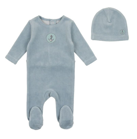 Bee & Dee Center Print Velour Footie With Beanie Ocean Blue