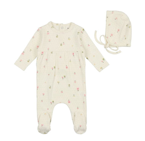 Bee & Dee Floral Dot Design Footie With Bonnet Girls Print