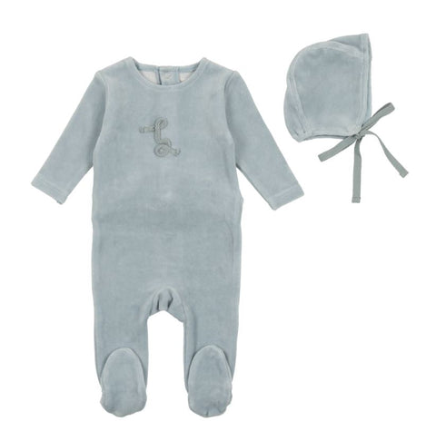 Bee & Dee Classic Velour Footie With Bonnet Powder Blue