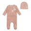 Bee & Dee Stamp Applique Velour Footie With Beanie Dusty Pink