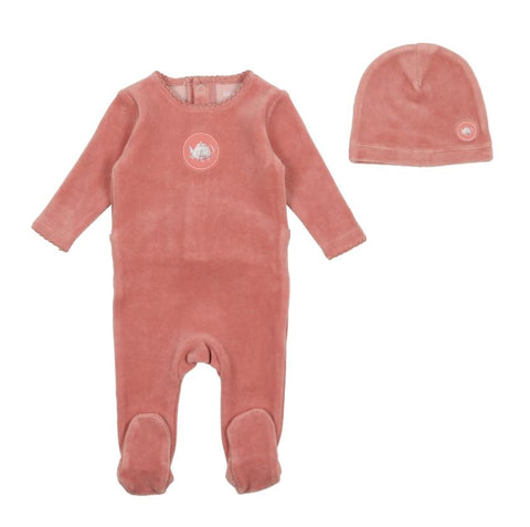 Bee & Dee Center Print Velour Footie With Beanie Grapefruit